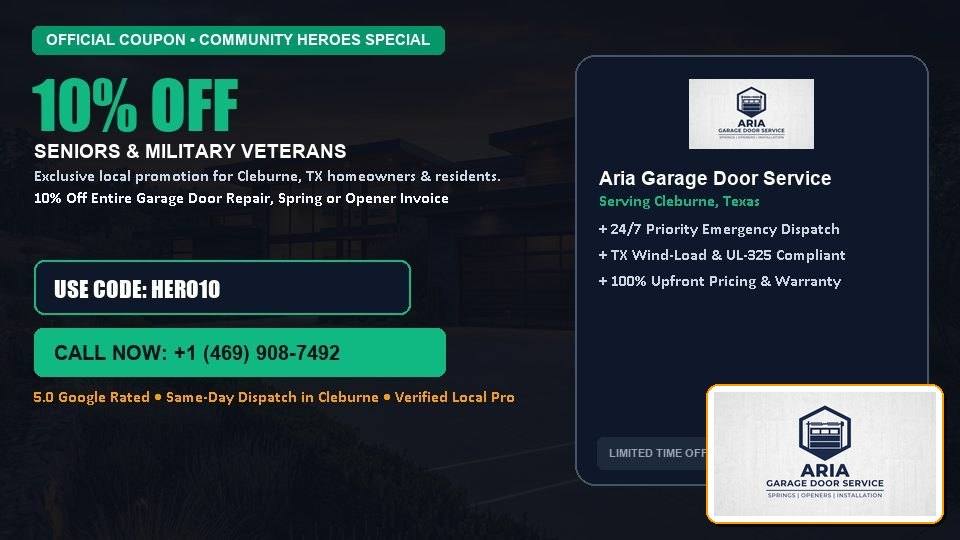 Aria Garage Door Service 10% OFF Seniors & Military Veterans in Cleburne, TX
